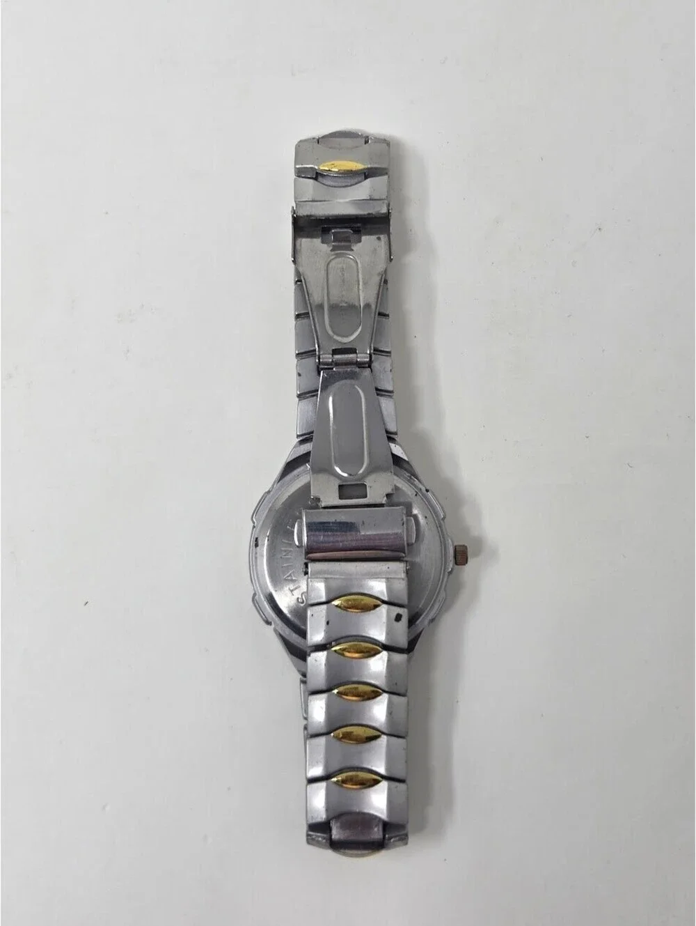 Two Tone Wristwatch Gold Dial Day Date Bracelet Stainless Steel Back Watch